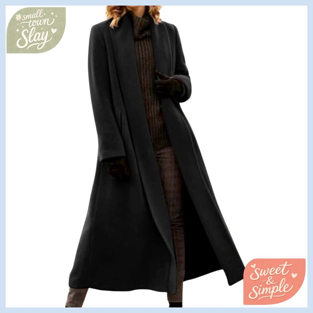 Women's Shawl Collar Wool Pea Coat, Open Front, Mid-Long Winter Formal Work Coat
